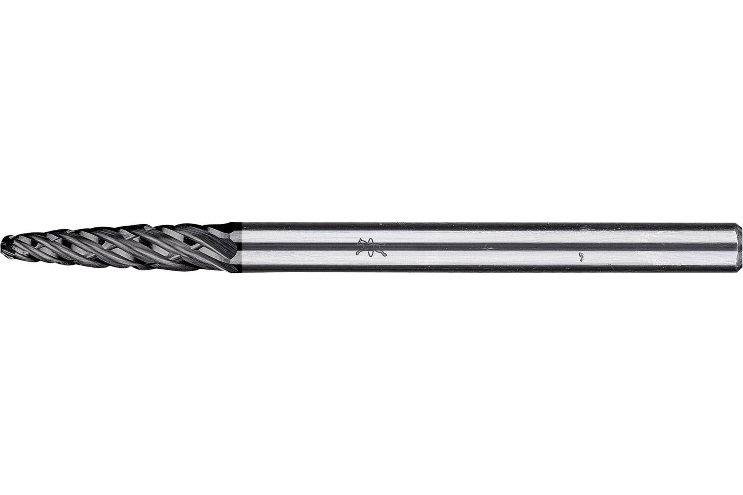 Close-up of a metal cutting end mill drill bit with a spiral fluted tip and long polished shaft on a white background.