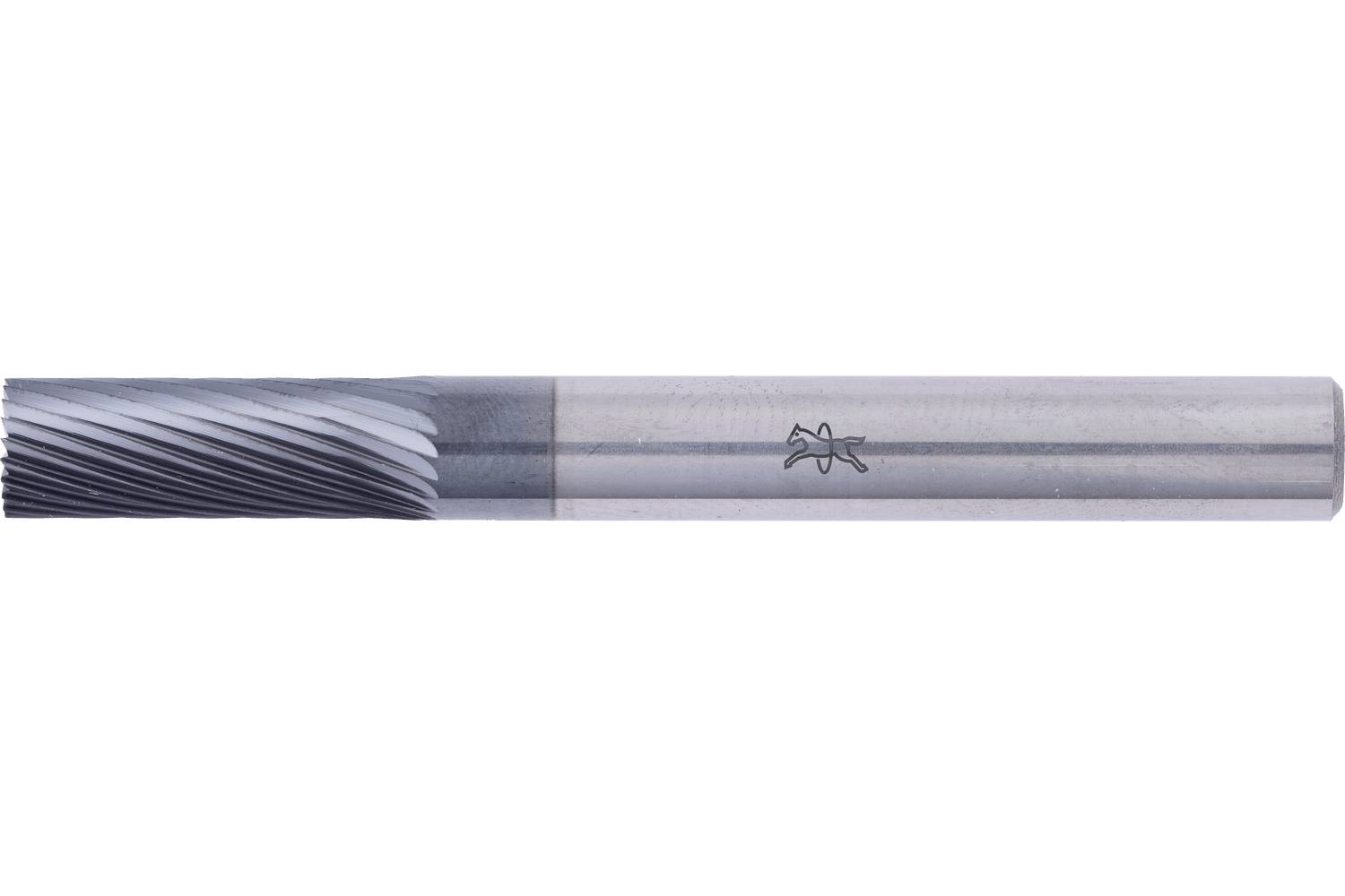 Close-up of a metal spiral end mill cutting bit with fluted head and smooth shank on a white background.