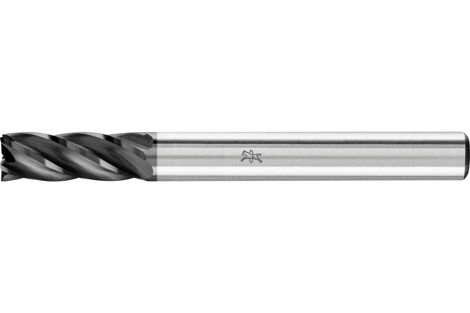A black-coated carbide end mill with a silver shank, shown horizontally on a white background.
