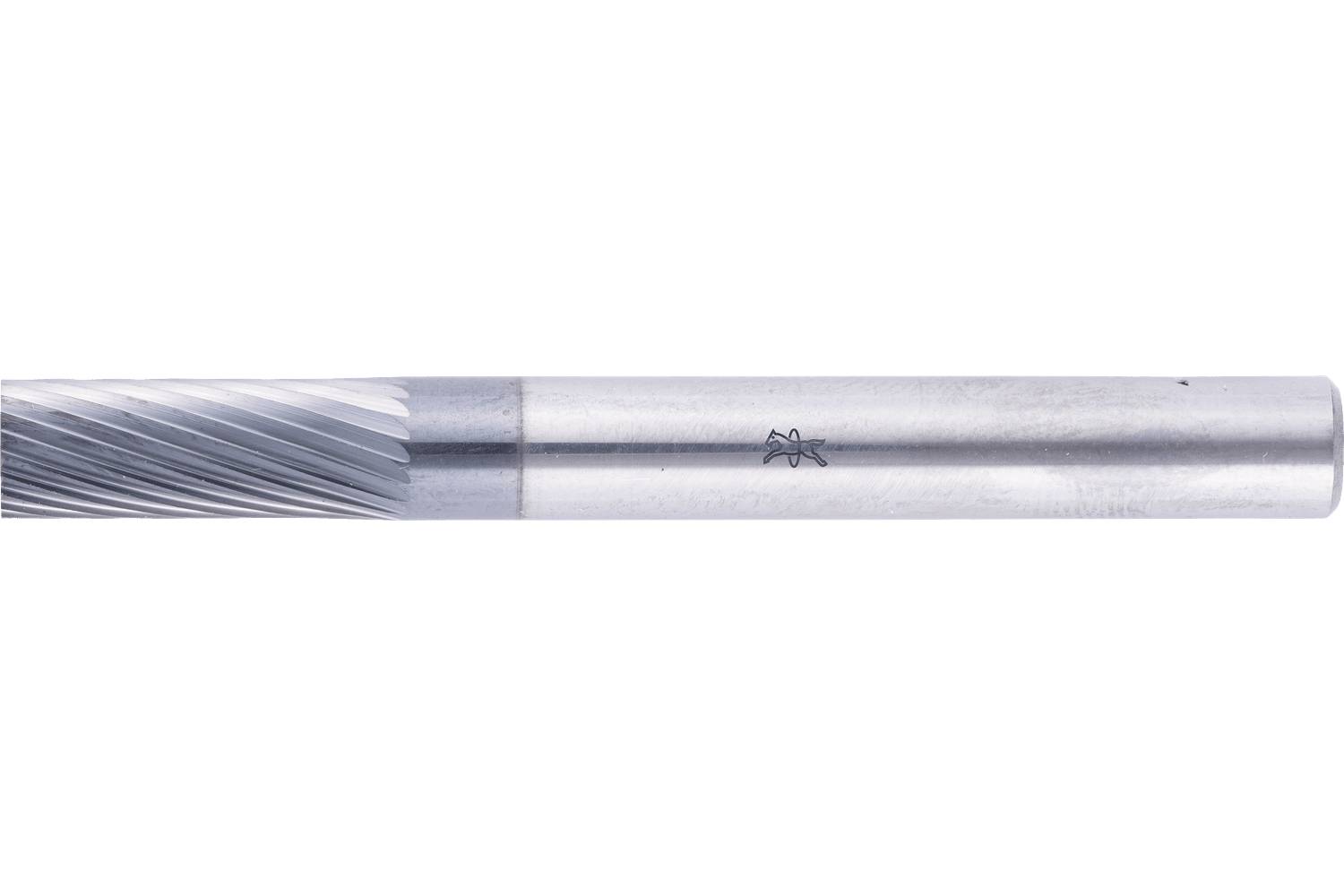 Close-up of a metal end mill cutting tool with spiral flutes on the left and a smooth cylindrical shank on the right.