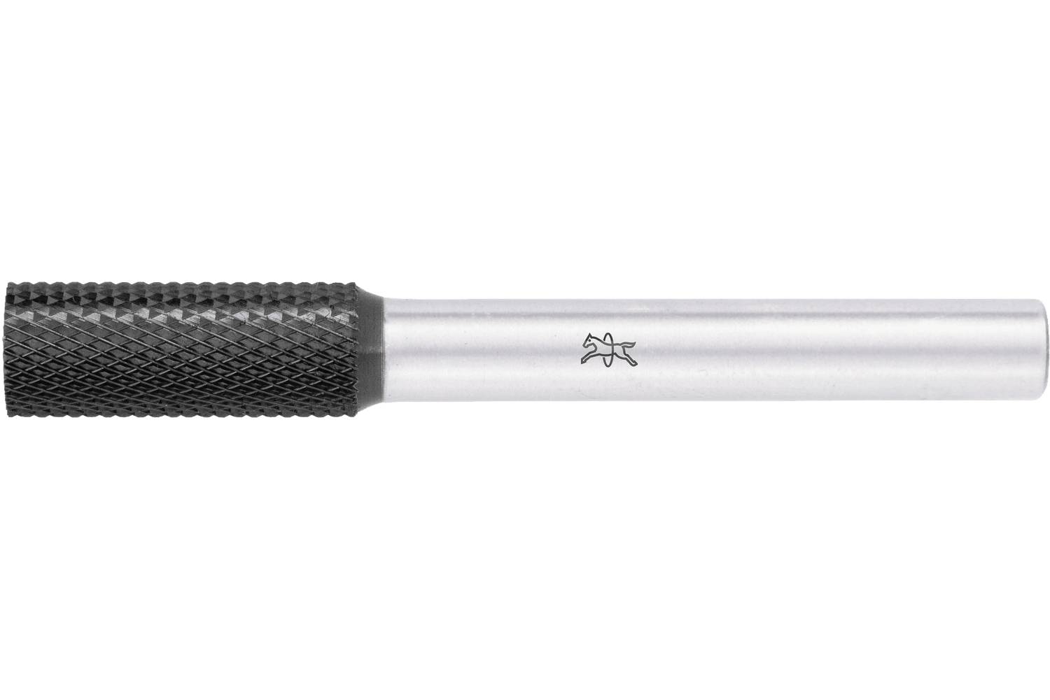Close-up of a metallic tool handle with a black textured grip and silver shaft on a white background.