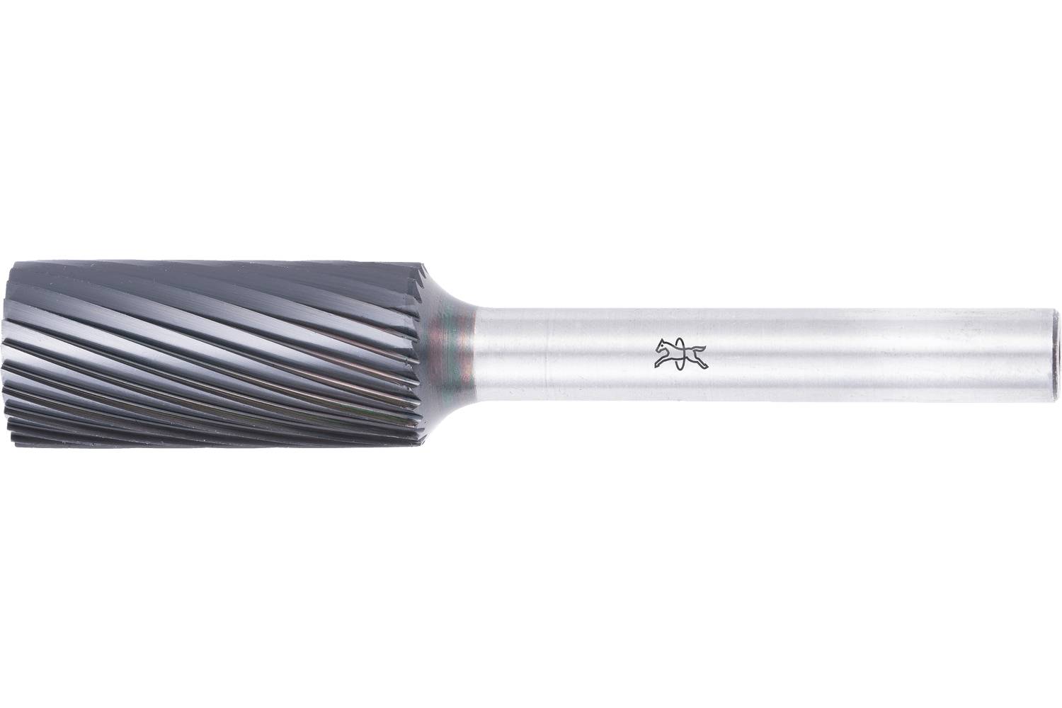 Single metal rotary burr with a cylindrical fluted cutting head and long shank on a white background.