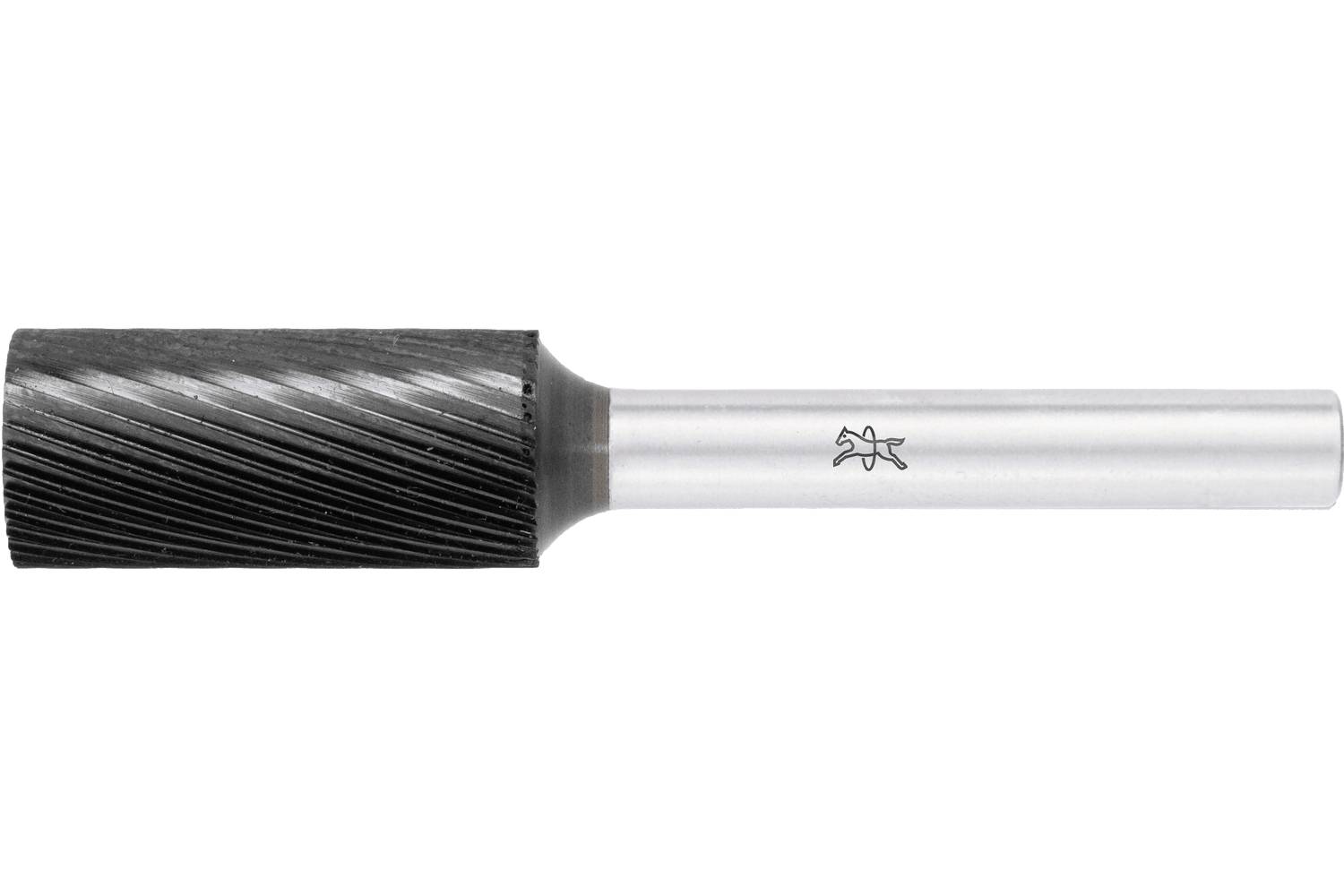 Black cylindrical metal router bit or cutting tool with a silver shank on a white background.