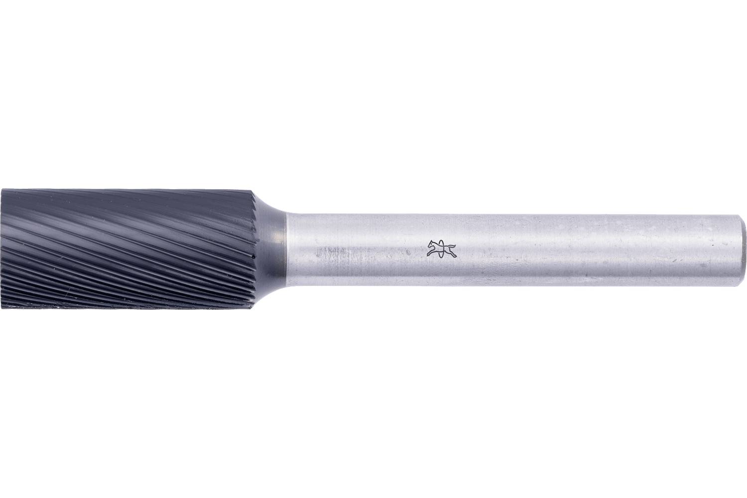 Close-up of a metal rotary burr tool with a cylindrical silver shank and dark serrated cutting head on a white background.
