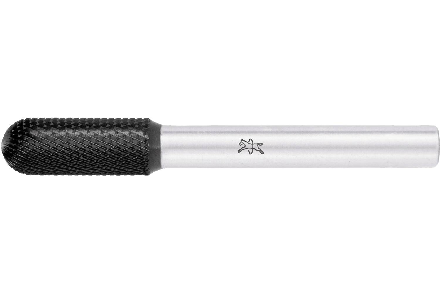 Black textured microphone head attached to a silver cylindrical handle on a white background.