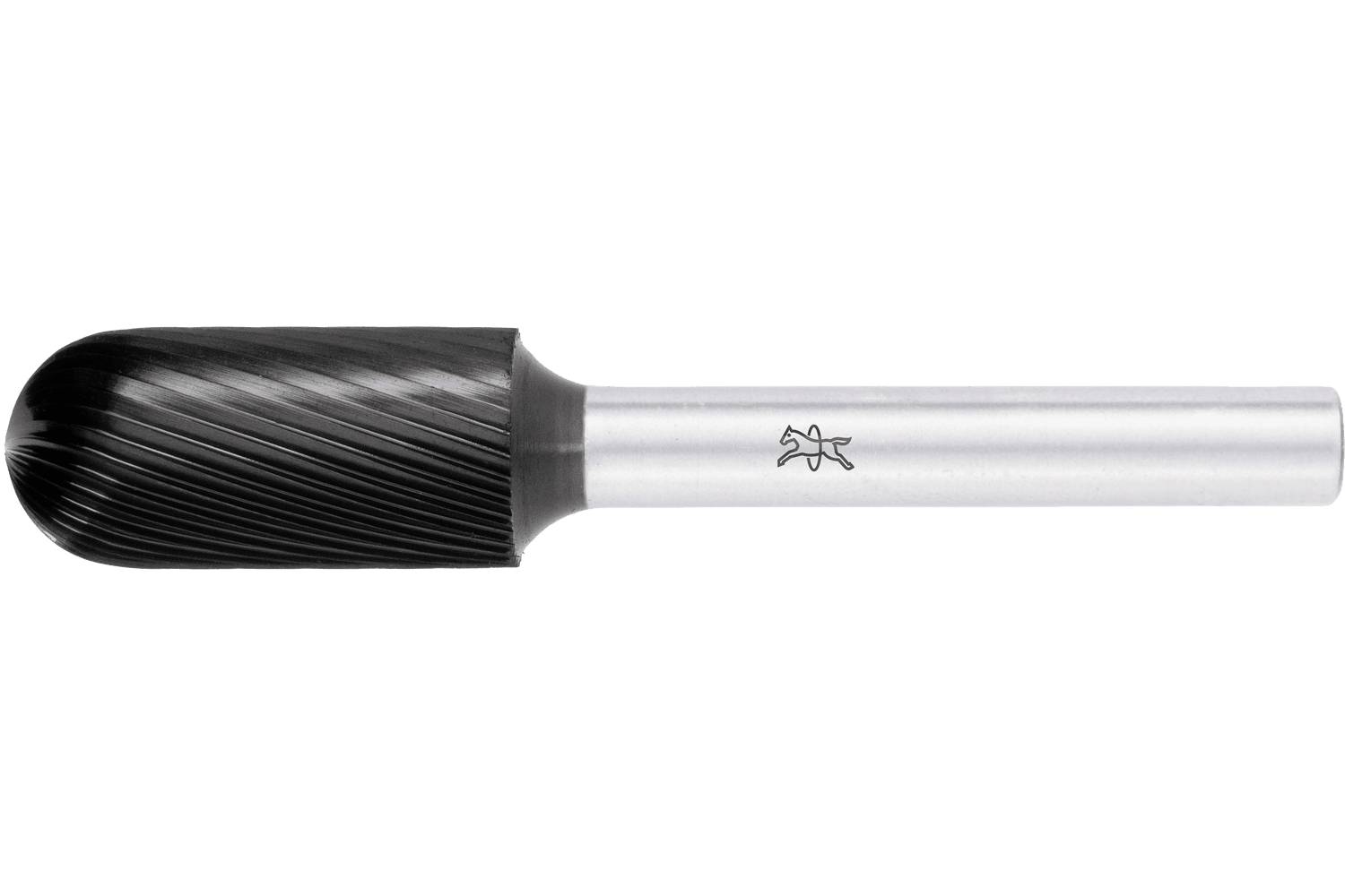 Black-and-silver cylindrical tool with a textured black rounded head and a long silver handle on a white background.