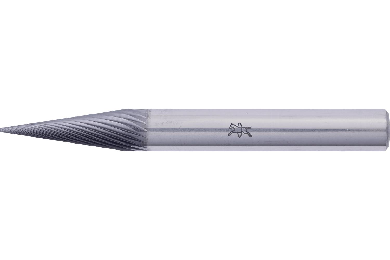 Close-up of a metal rotary burr with a tapered, fluted cutting tip and cylindrical shank on a white background.