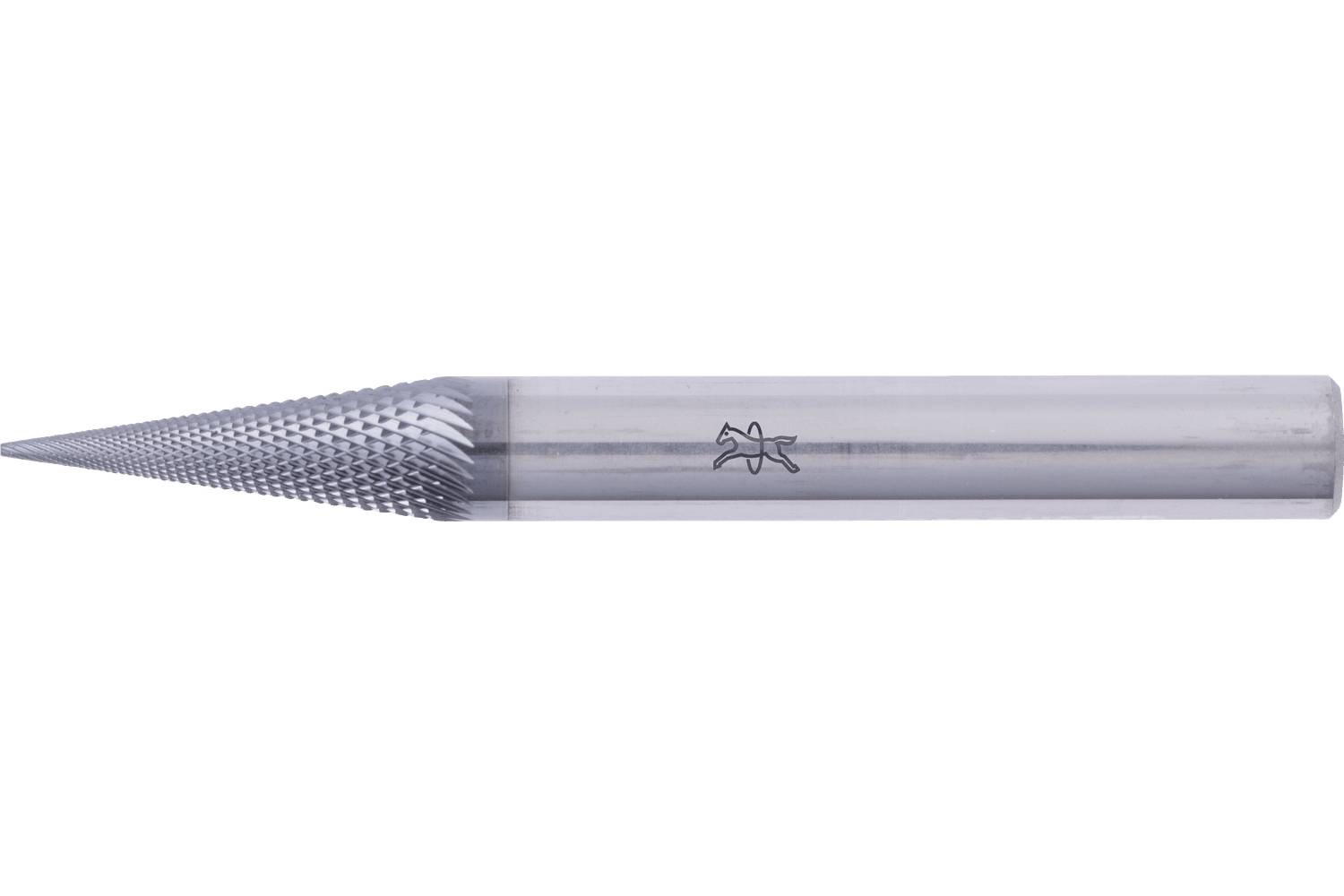 A metal carbide burr bit with a pointed cone-shaped head and cylindrical shank on a white background.