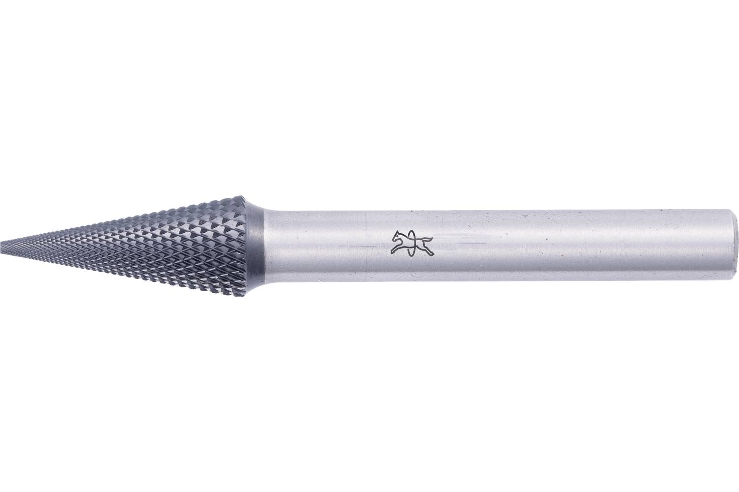 Metal carbide burr with a pointed conical tip and cylindrical shaft on a white background.