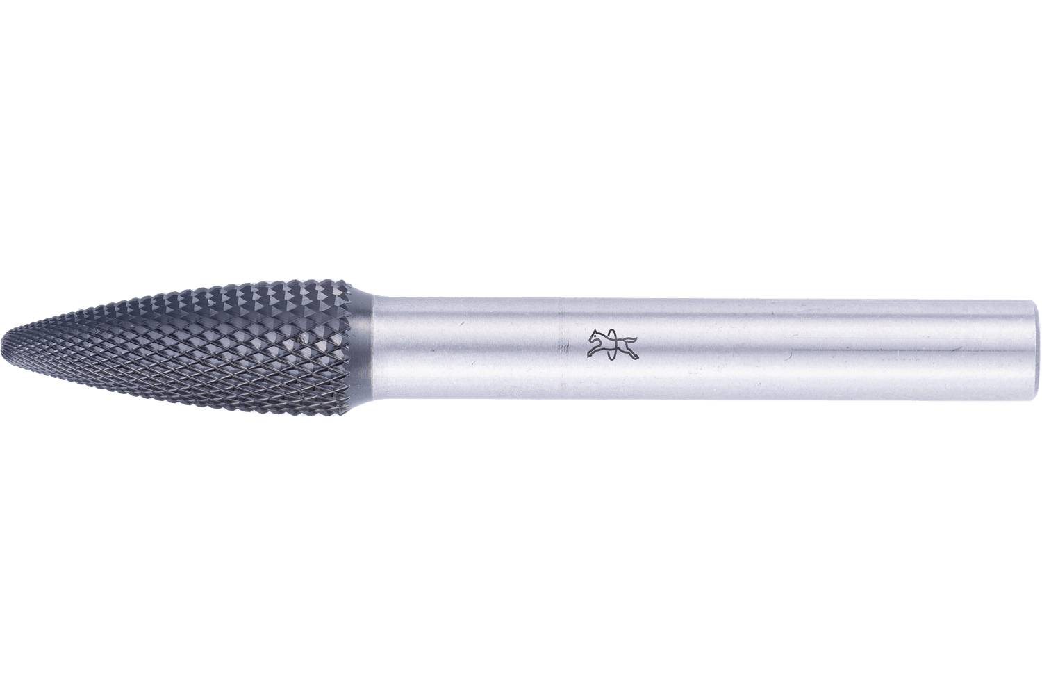Metal carbide burr with a pointed, tapered cutting head and cylindrical silver shank on a white background.