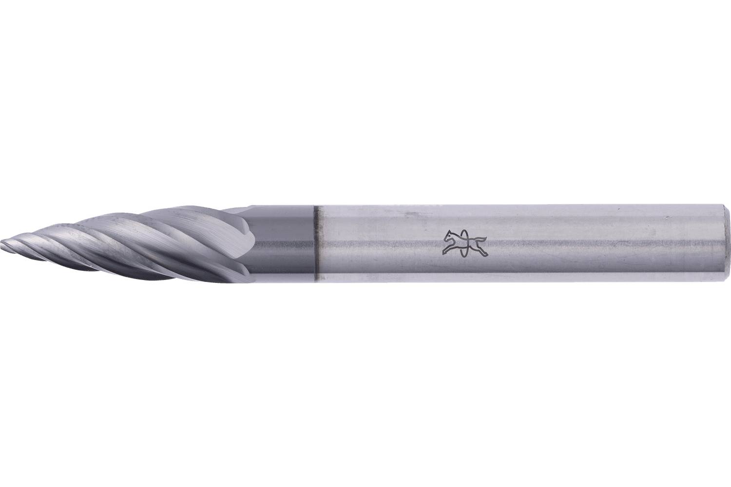 Close-up of a metal end mill cutting tool with a twisted fluted tip and cylindrical shank on a white background.