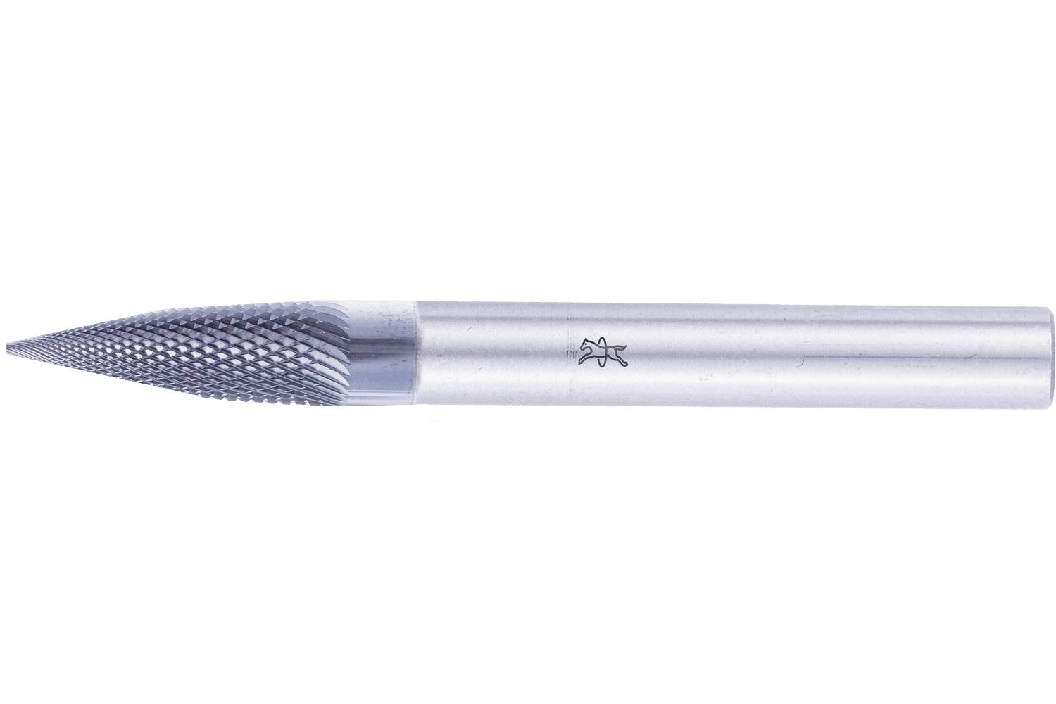 A metal rotary burr or drill bit with a pointed, textured cutting head and smooth cylindrical shank on a white background.
