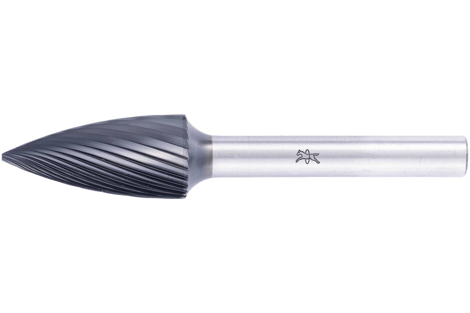 Close-up of a metal rotary burr with a tapered, pointed cutting head and cylindrical shank on a white background.