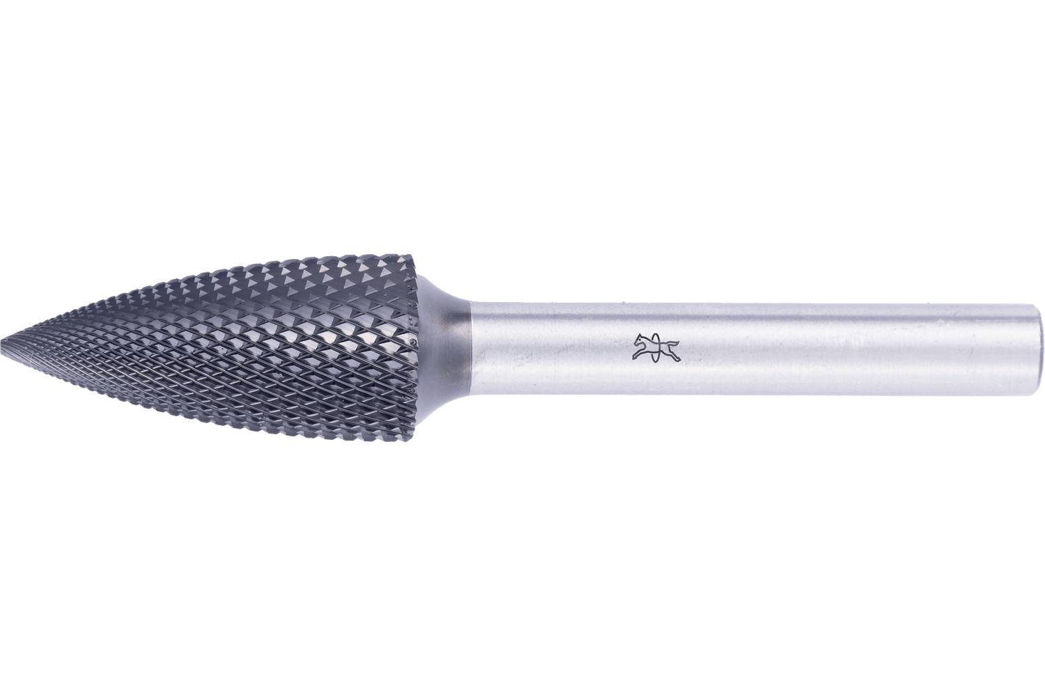 Metal rotary burr with a conical, textured cutting head and smooth cylindrical shank on a white background.