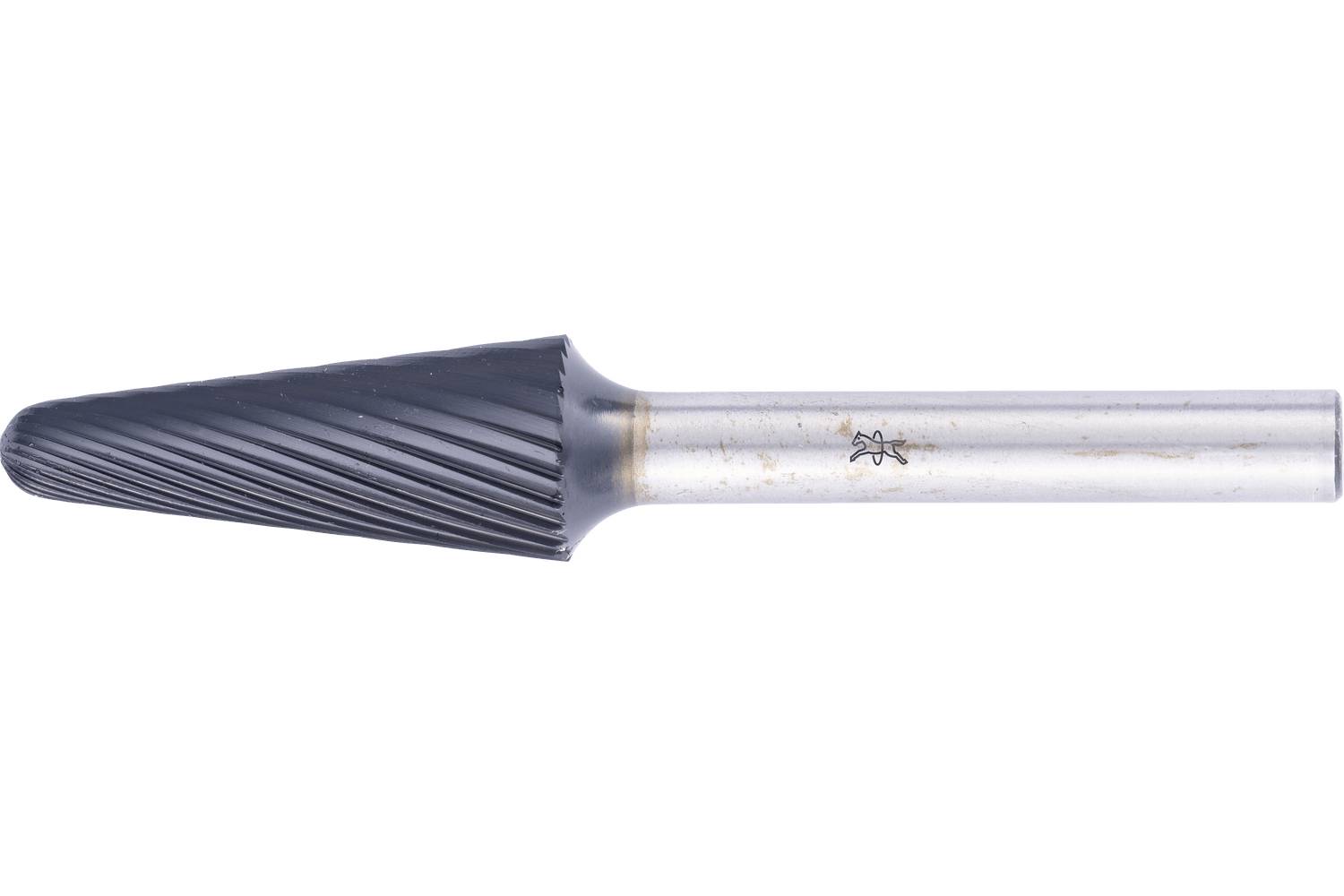 Close-up of a metal rotary burr or file tool with a pointed, grooved cutting head and cylindrical shank on a white background.