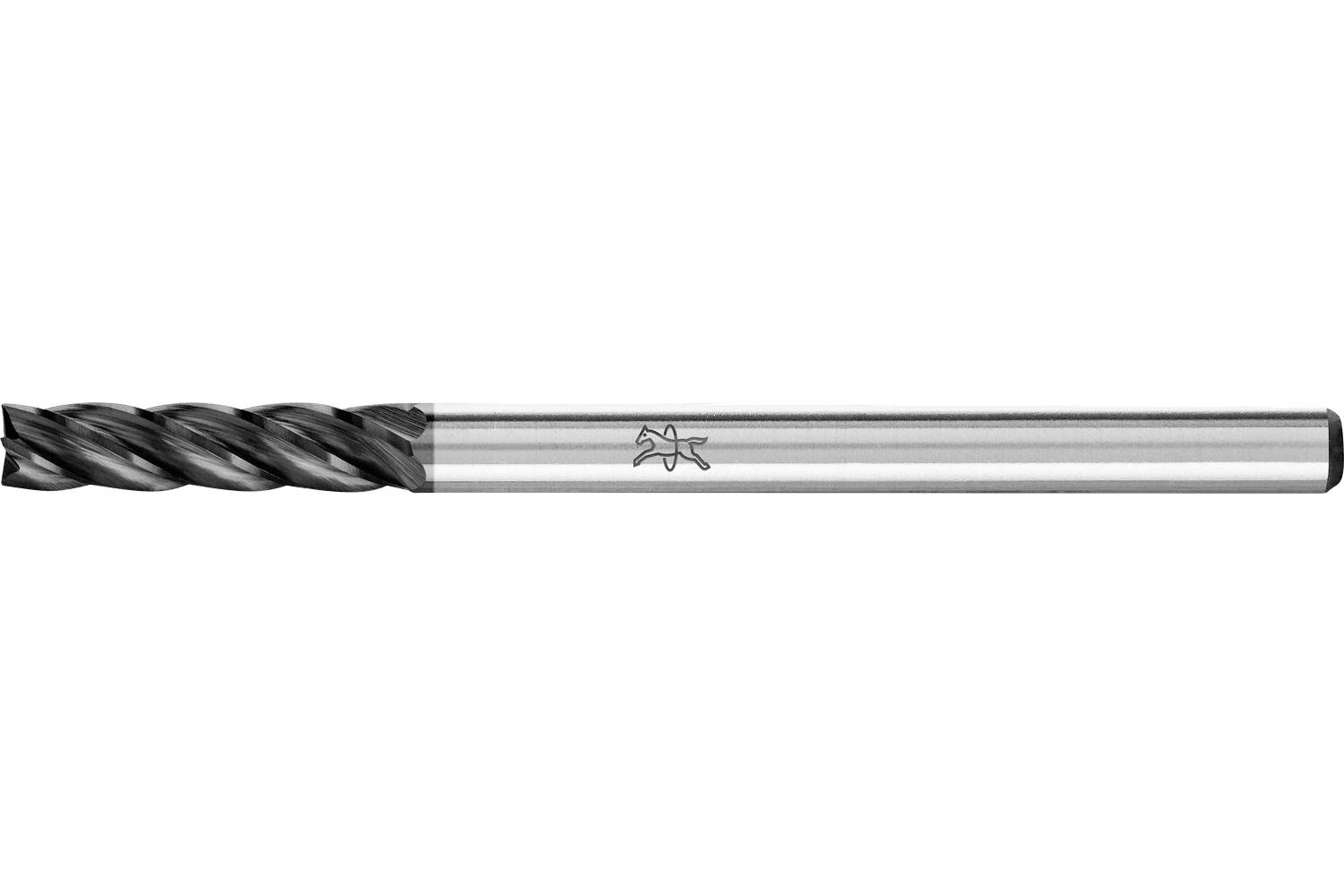 A carbide end mill tool with a black spiral cutting head and a silver shank on a white background.