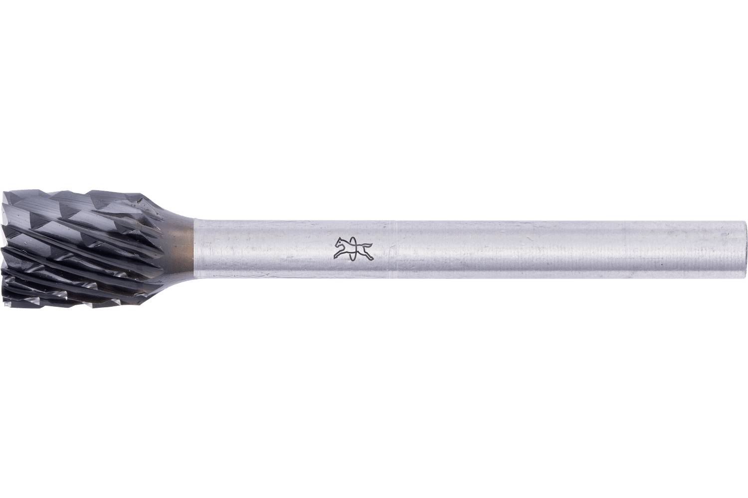 Metal rotary burr or milling cutter with a dark fluted cutting head and long silver shank on a white background.
