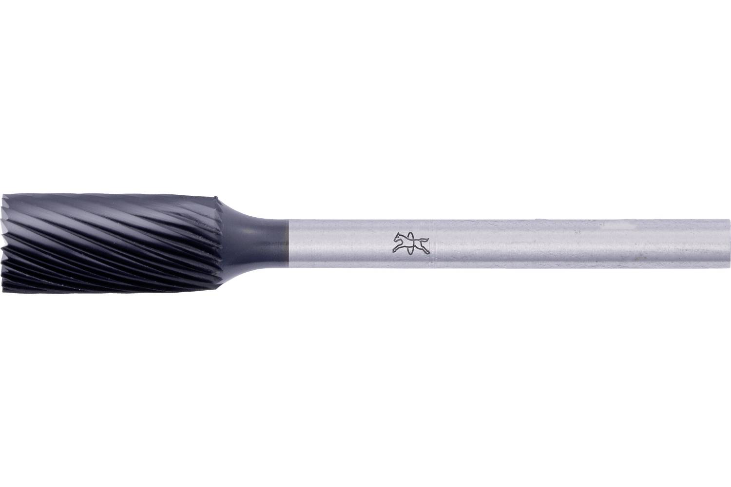 Close-up of a metal carbide burr tool with a cylindrical, ridged cutting head and long shank on a white background.