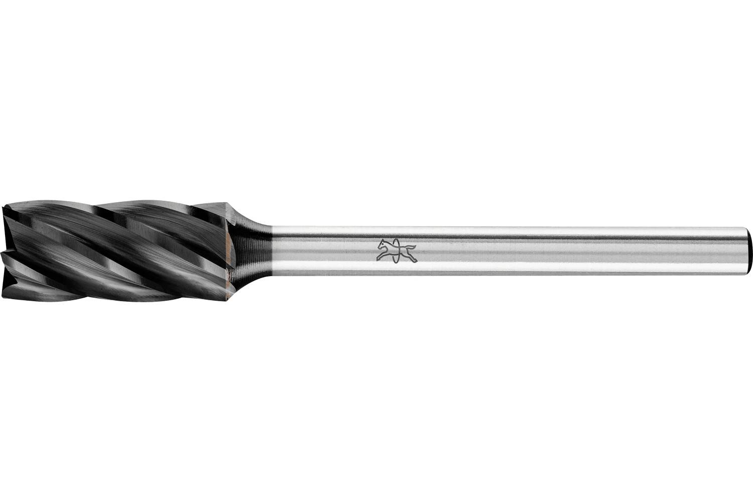Black spiral cutting tool with a long silver shaft on a white background.