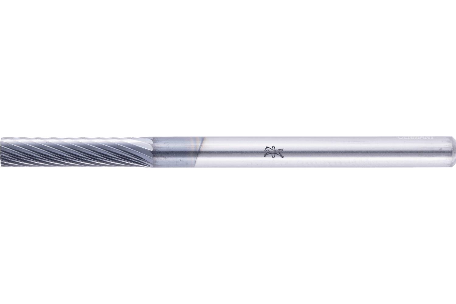 Close-up of a metal end mill cutting tool with spiral flutes and a long cylindrical shank on a white background.