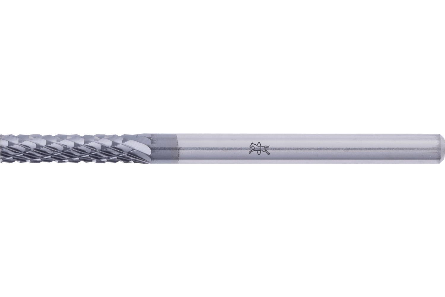 Straight carbide end mill cutter with spiral flutes and a silver shank on a white background.