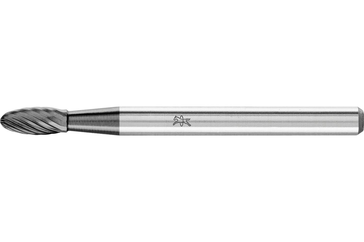 Metal rotary burr tool with a rounded cutting head and long cylindrical shank on a white background.