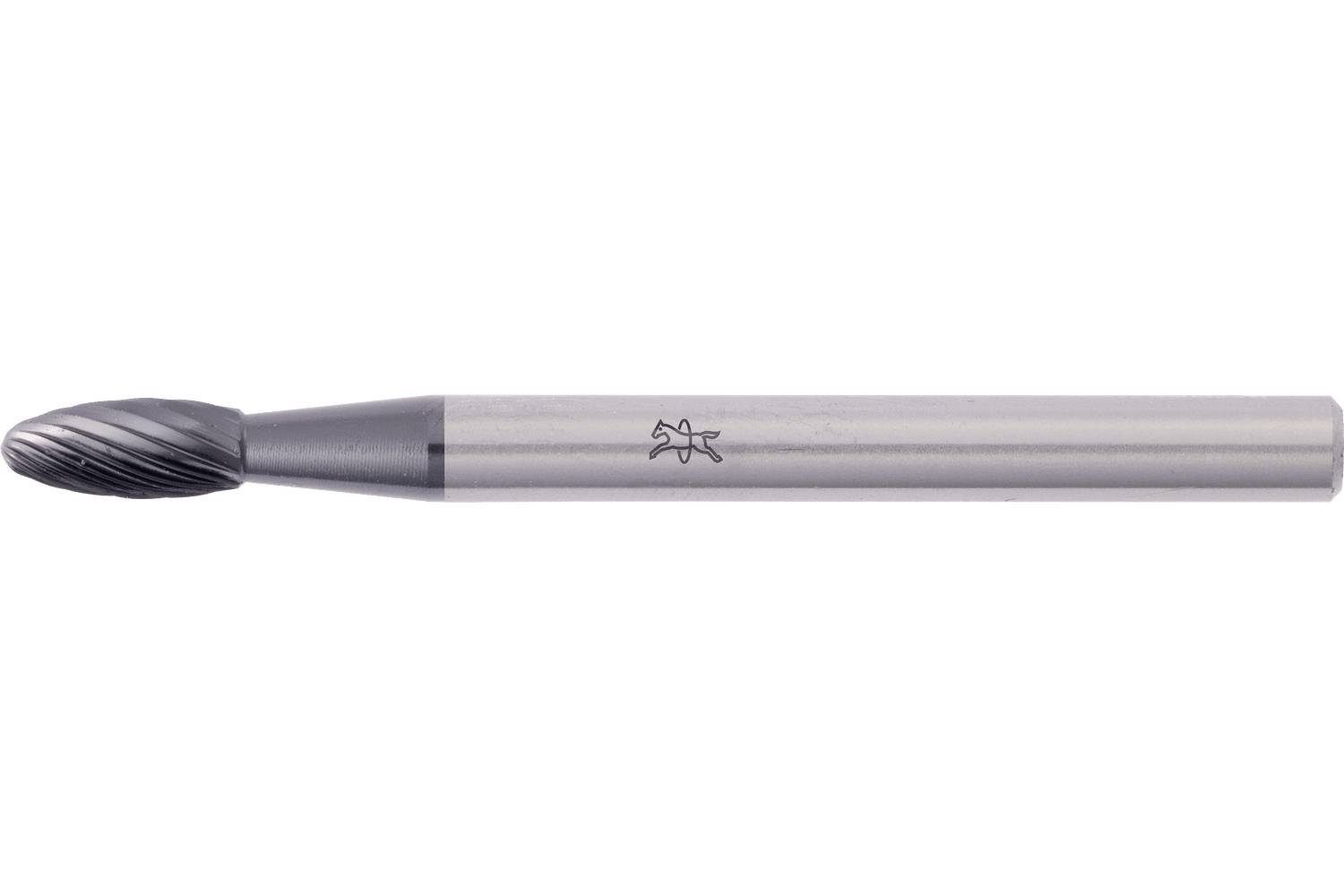Single-flute end mill cutting tool with a long silver shaft and dark spiral cutting head on a white background