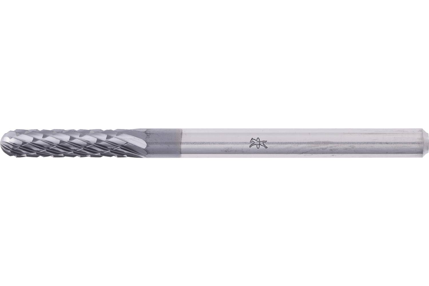 A close-up side view of a metal end mill cutting tool with a fluted dark cutting head and long silver shaft on a white background.