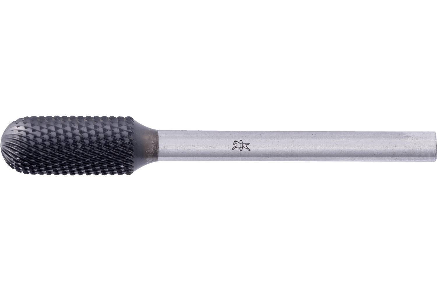 Metal rotary burr tool with a black rounded cutting head and long silver shank on a white background.