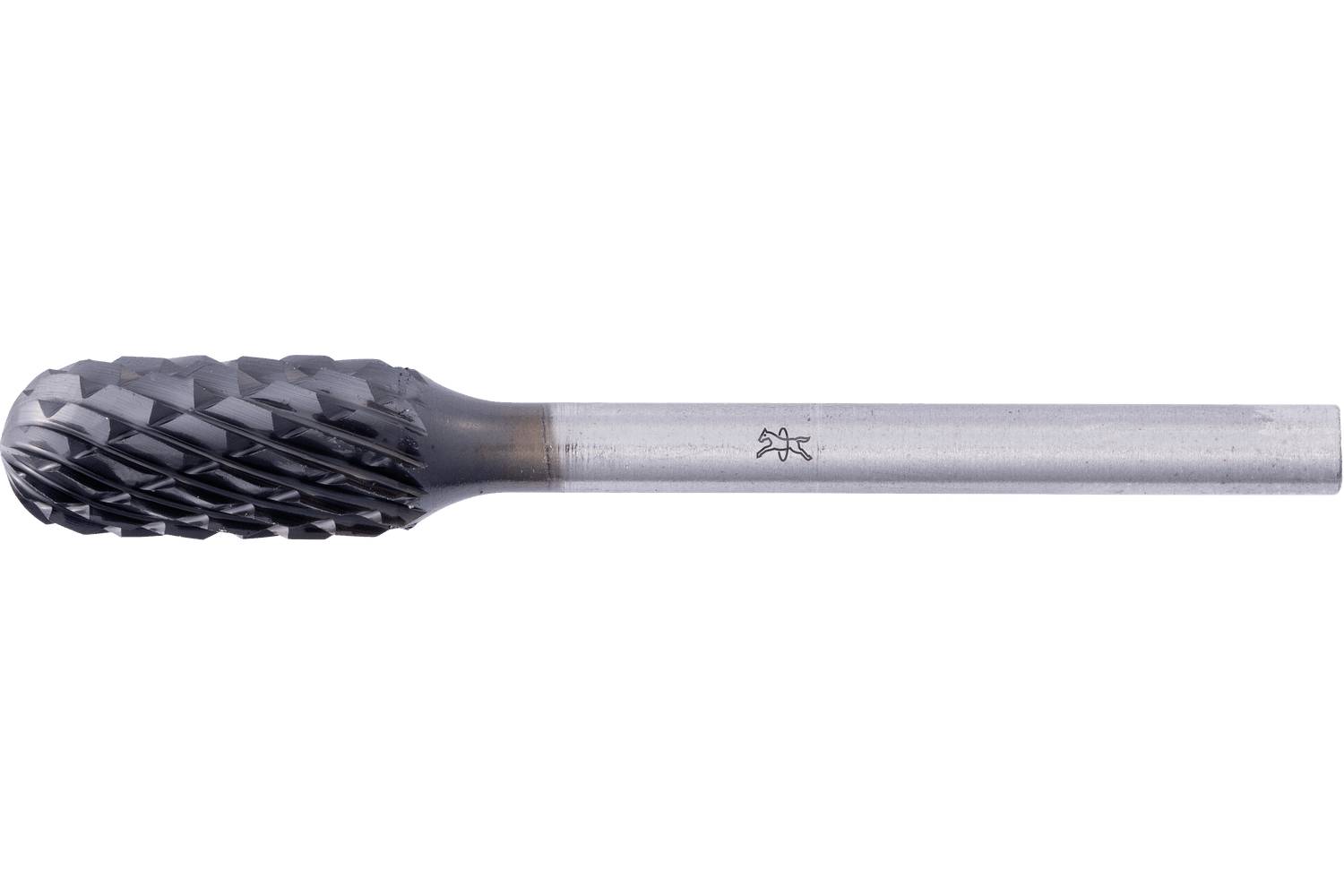 Metal rotary burr with a rounded carbide cutting head and long silver shank on a white background.