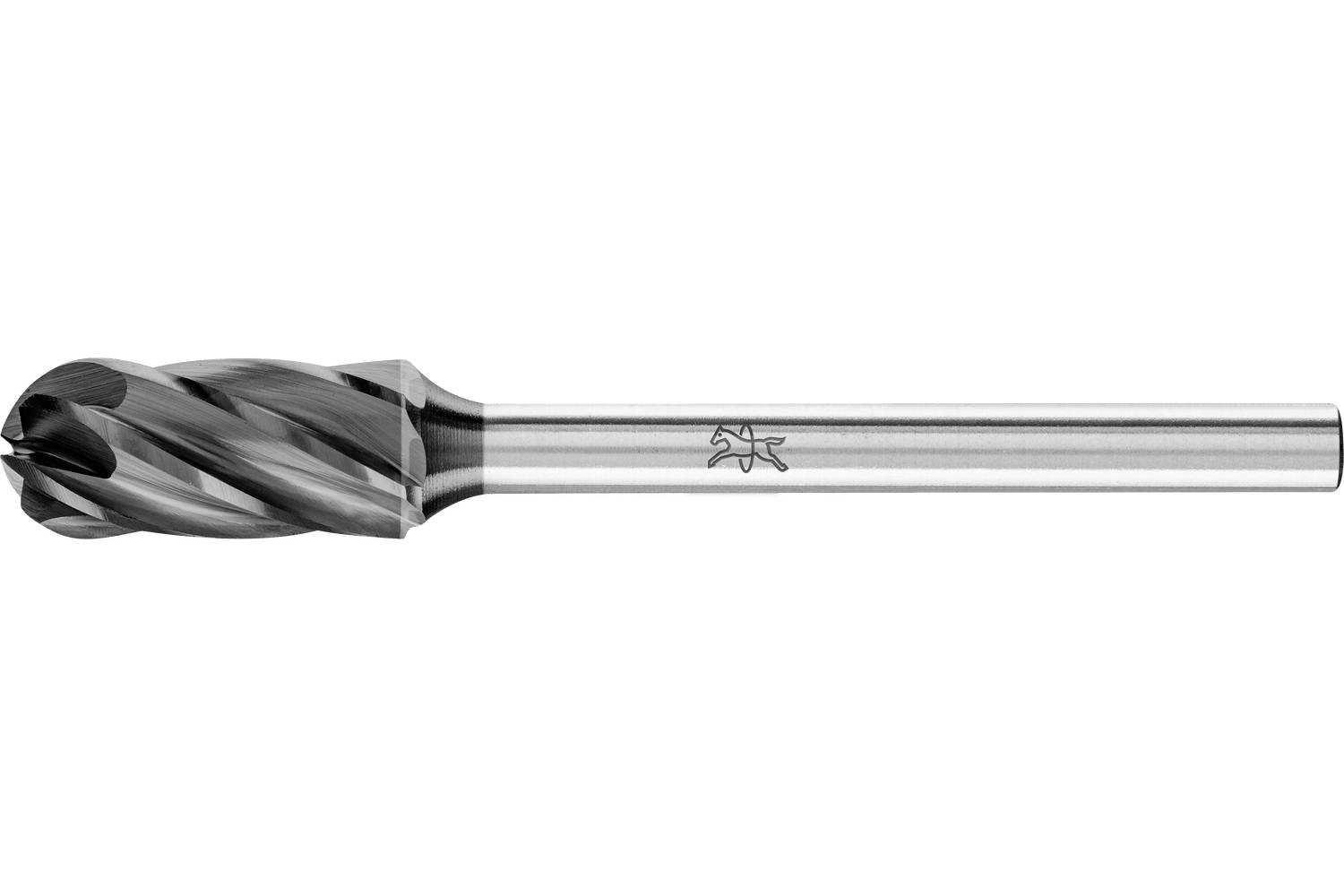 Single black carbide end mill cutting tool with spiral flutes and a long silver shank on a white background.