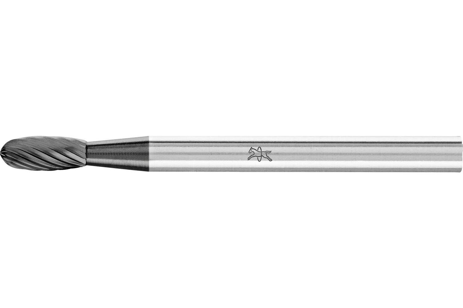 Single-flute carbide end mill cutter with a spiral cutting tip and silver shank on a white background.