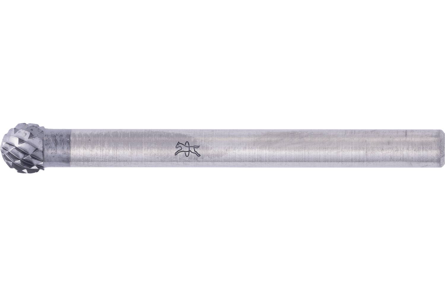 Metal cylindrical rotary burr bit with a rounded, patterned cutting head on a white background.