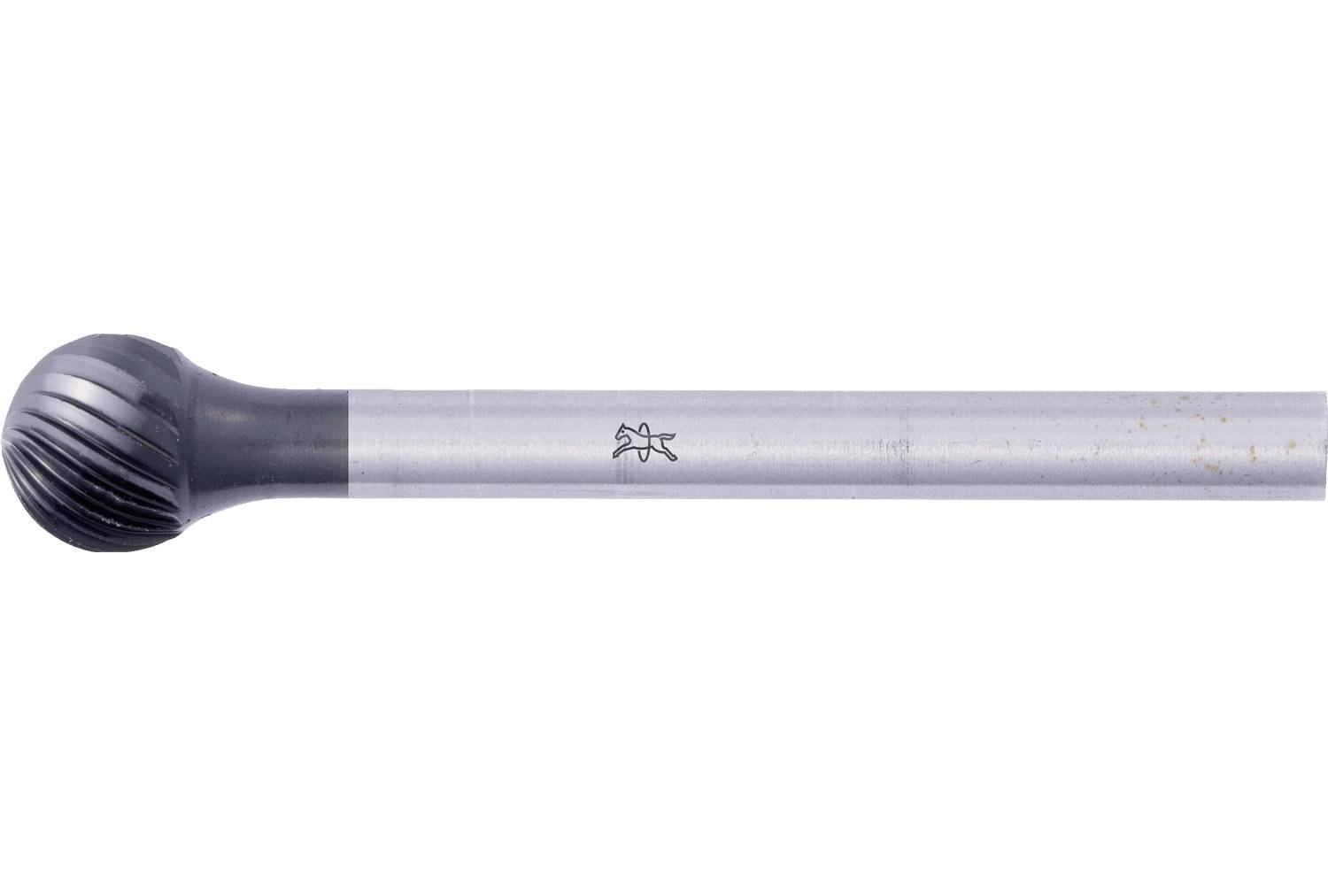 A metal rotary burr with a rounded, fluted cutting head and long cylindrical shaft on a white background.