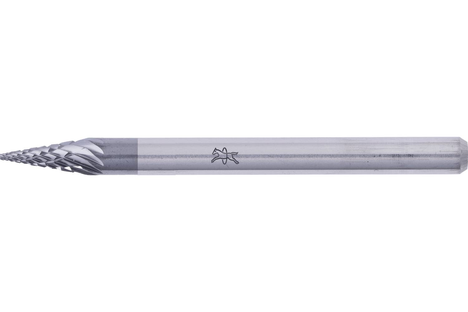 Close-up of a metal end mill cutting bit with multiple fluted tips and a cylindrical shank on a white background.