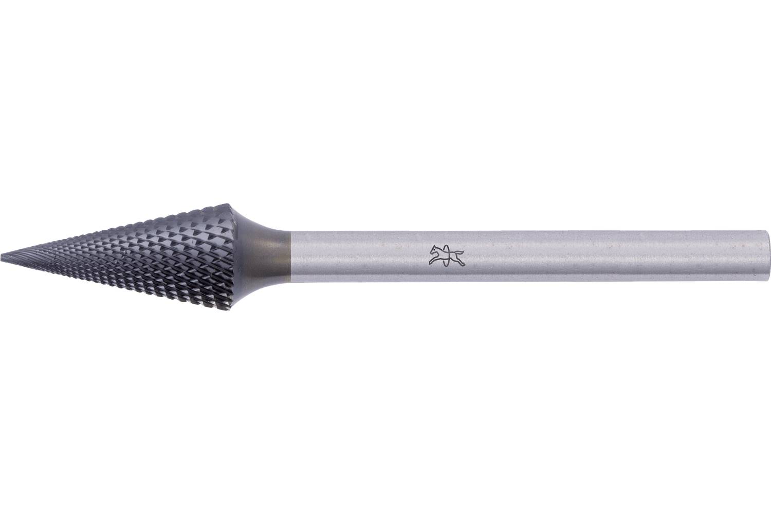 A metal rotary burr tool with a long cylindrical shaft and a conical, textured cutting head on a white background.