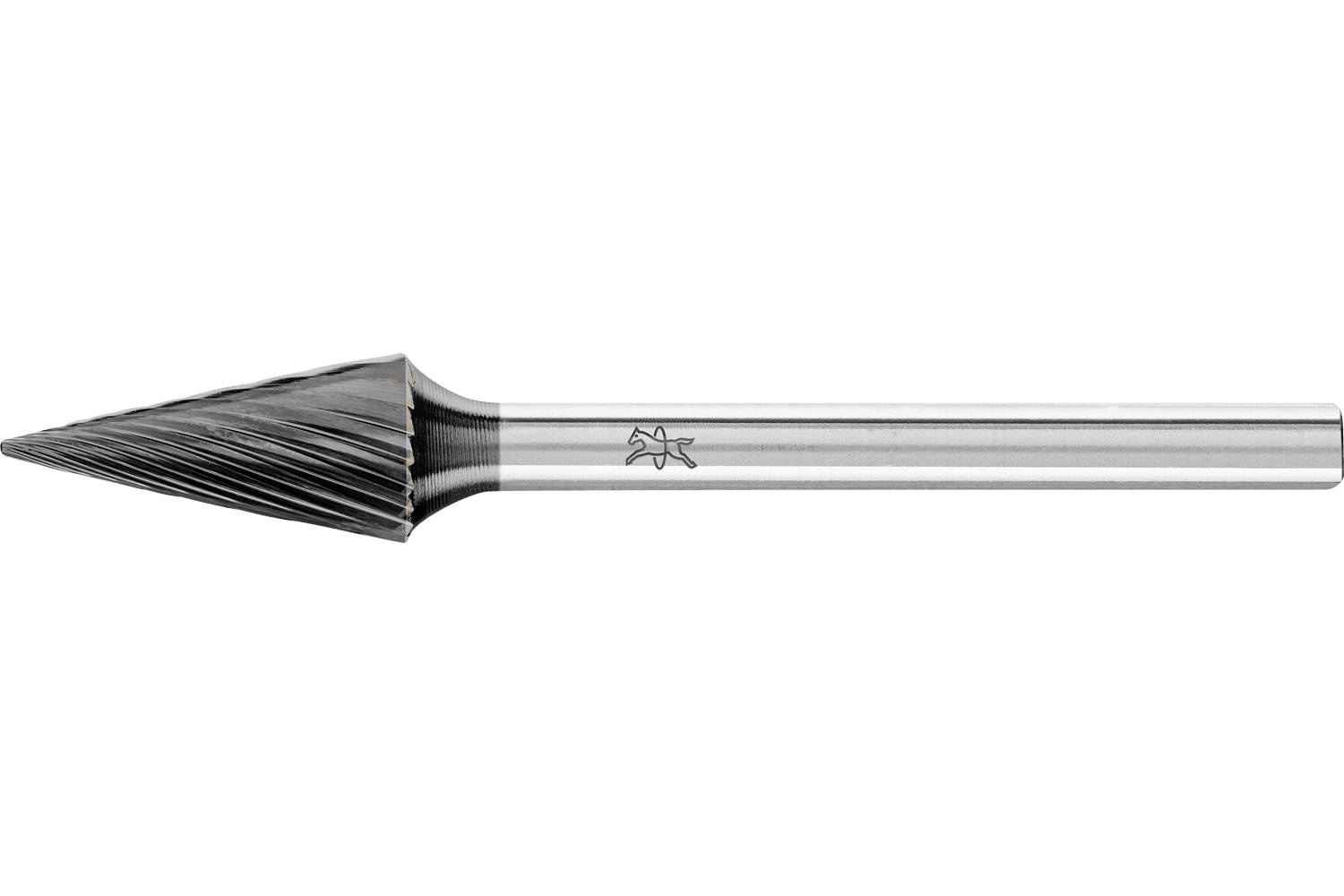 Close-up of a metal rotary burr cutter with a pointed cone head and long cylindrical shaft on a white background.