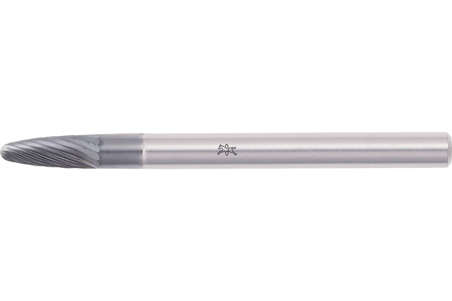 A metal rotary burr with a rounded, spiral-cut head and long cylindrical shank on a white background.
