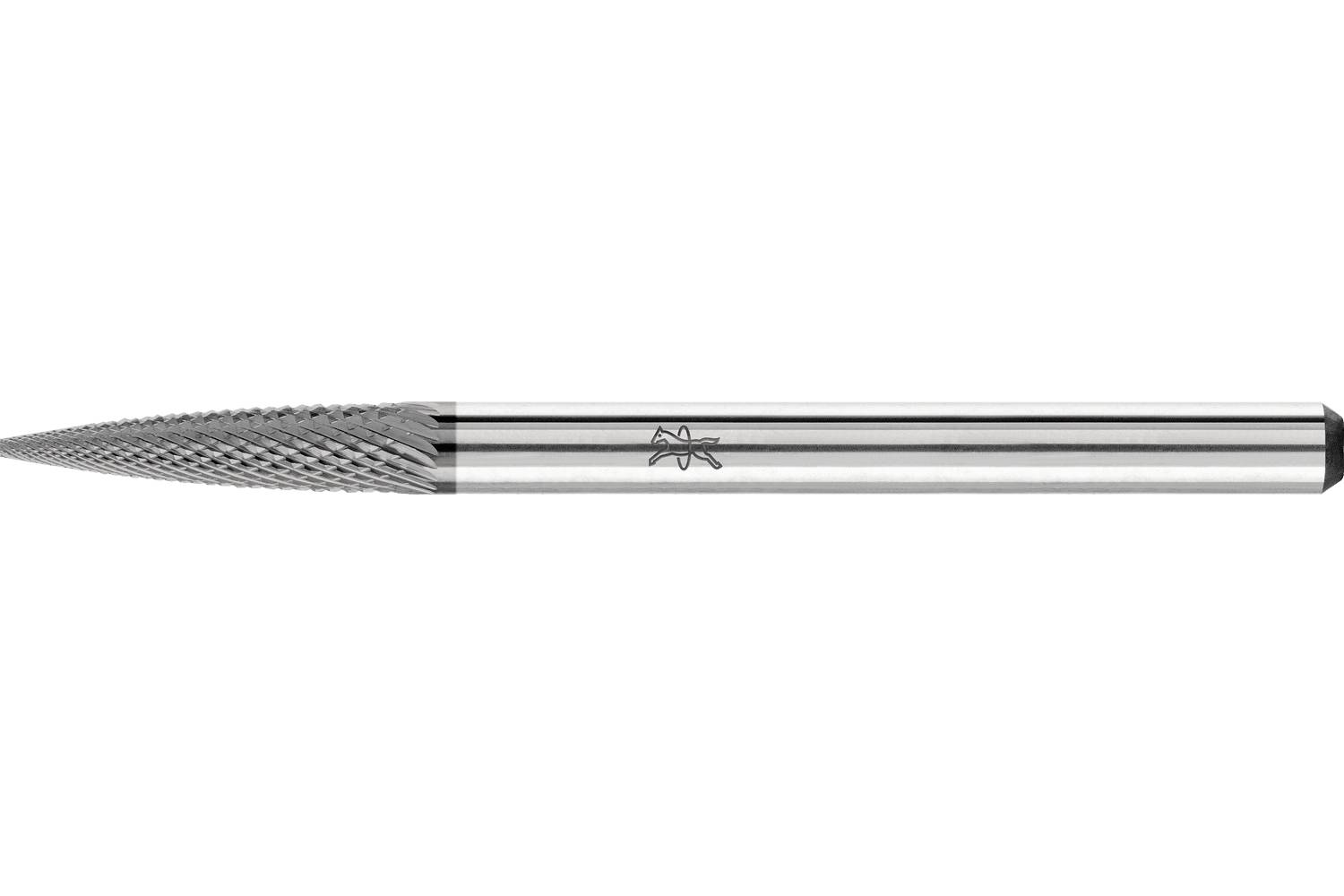 Metal rotary file with a tapered, textured cutting head and striped handle on a white background.