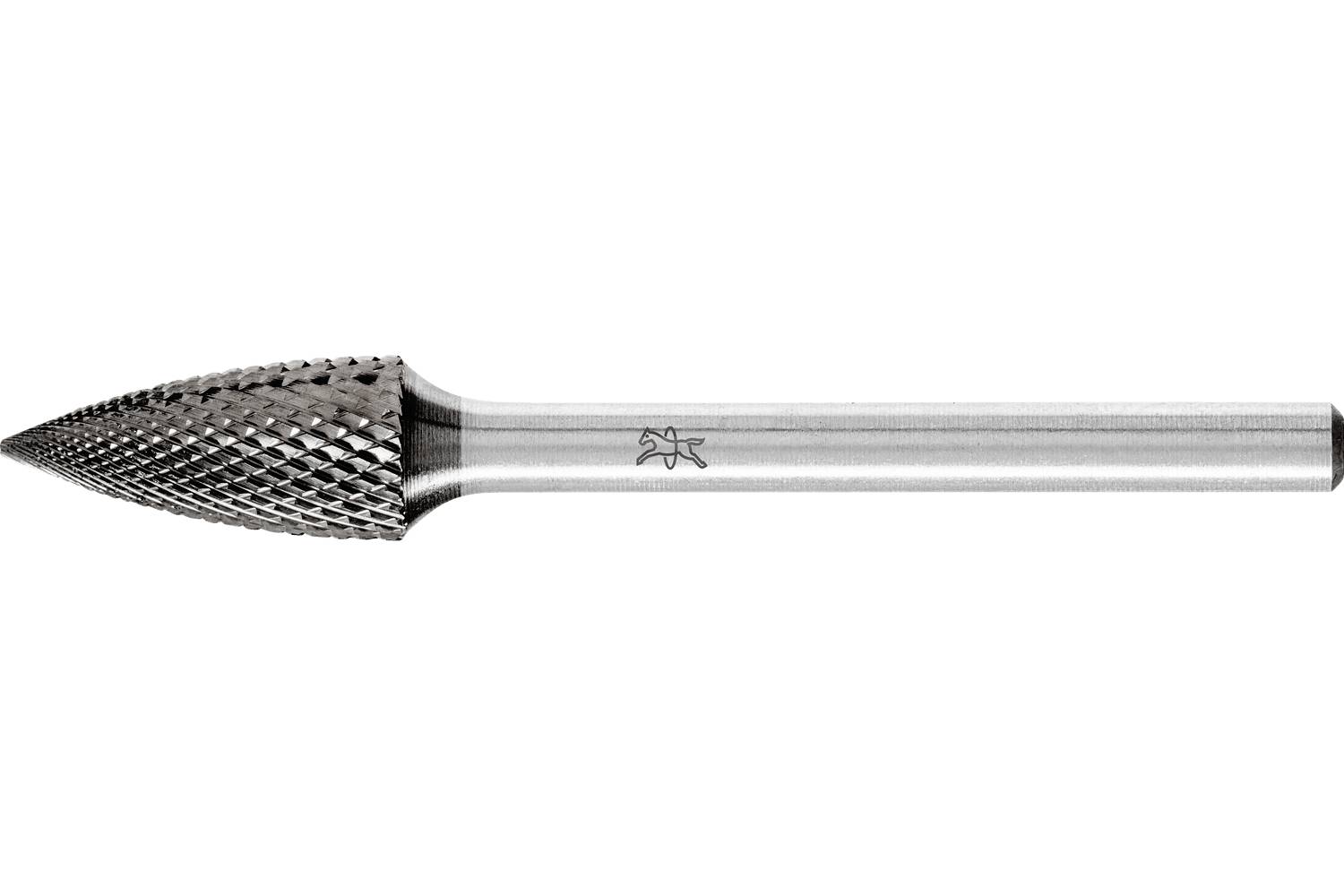 Metal rotary burr bit with a pointed cone-shaped cutting head and a long cylindrical shaft on a white background.