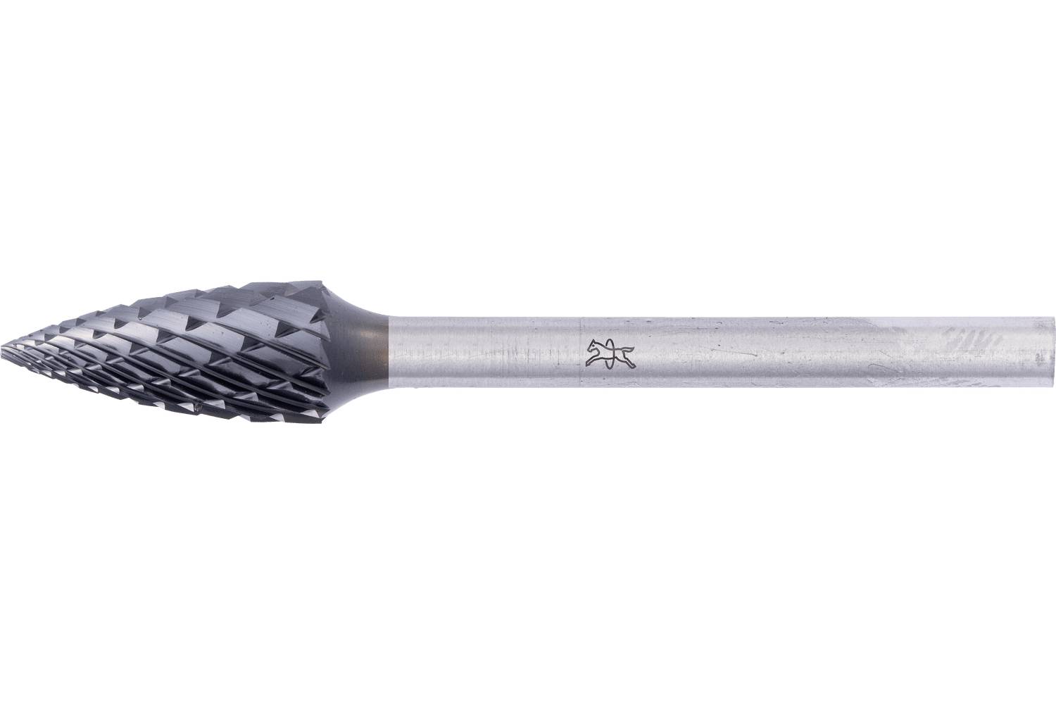 Metal rotary burr with a conical, pointed cutting head and long cylindrical shank on a white background.