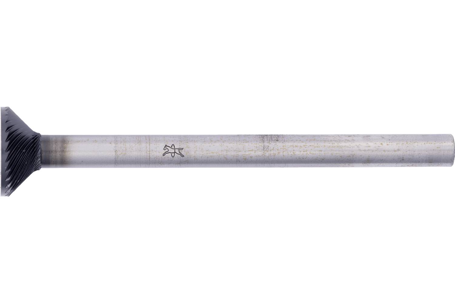 A metal cutting tool with a long cylindrical shaft and black conical toothed head, shown isolated on a white background.