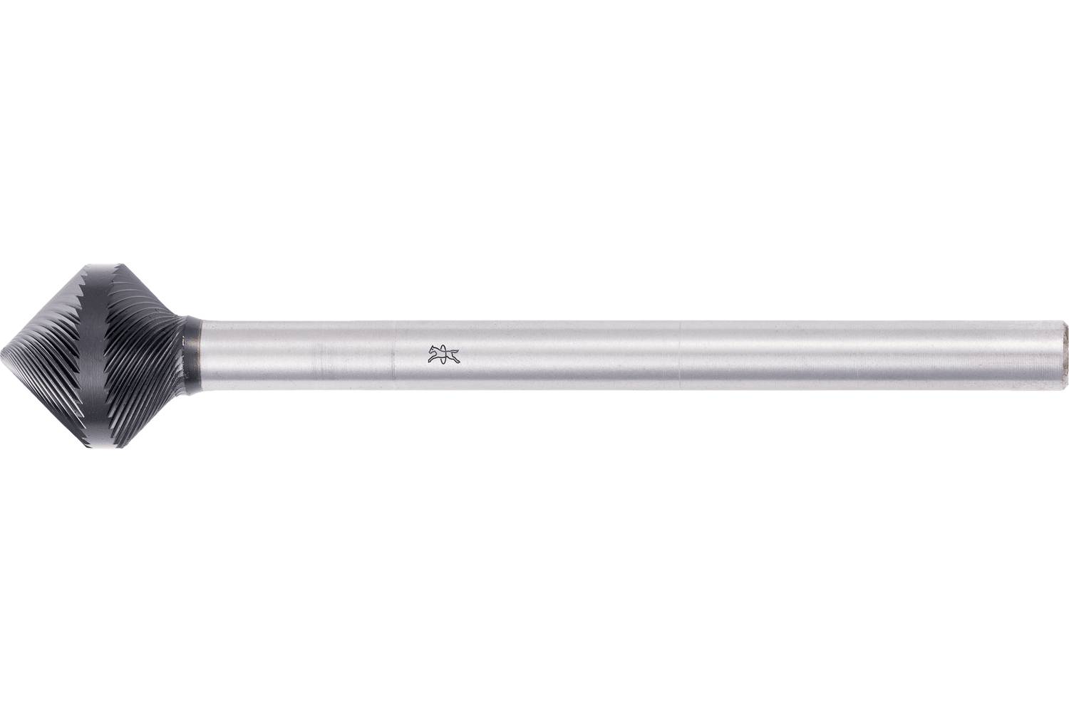 Metal rotary burr with a conical, fluted cutting head and long cylindrical shank on a white background.