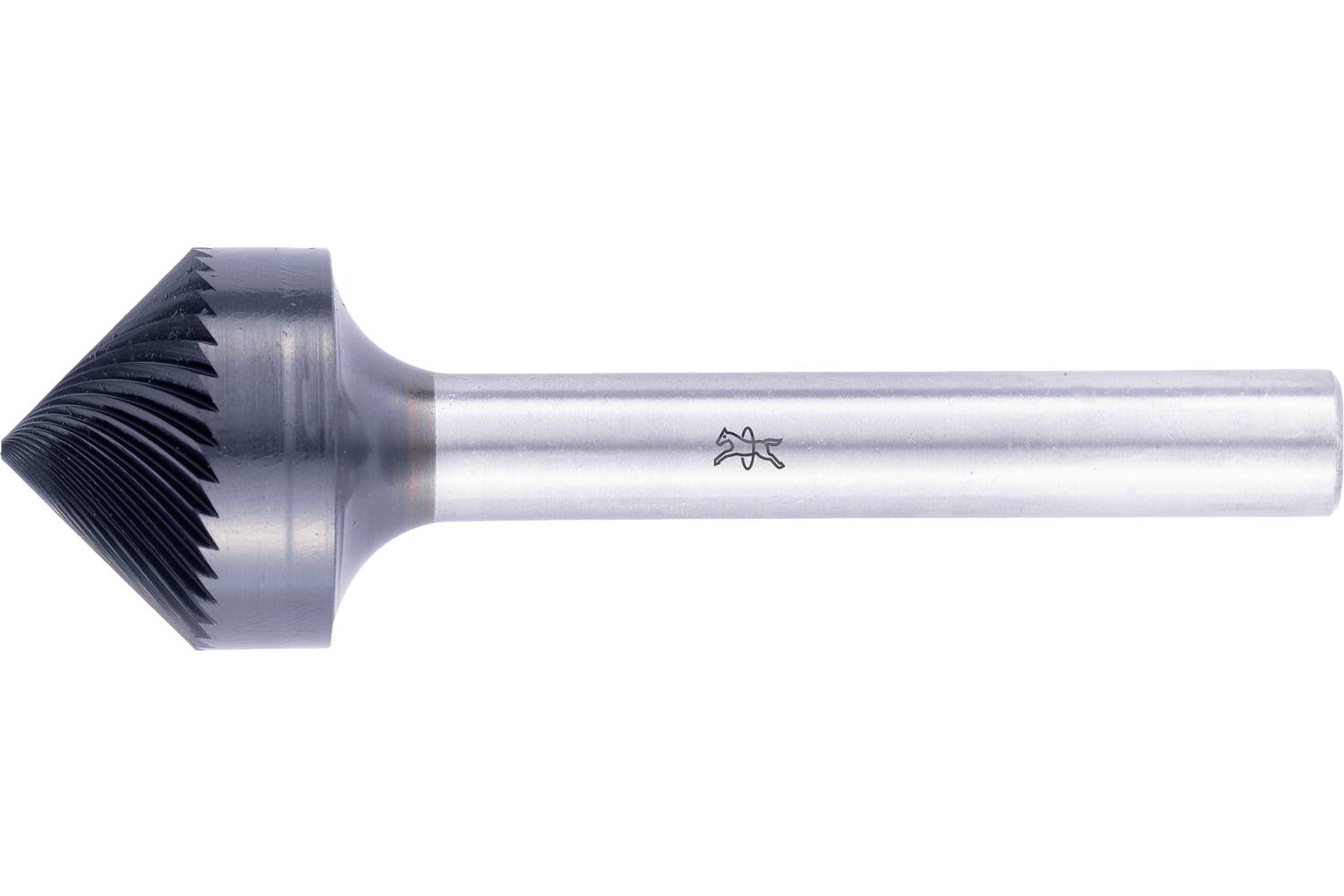 Close-up of a metal rotary burr tool with a conical black cutting head and long silver shaft on a white background.