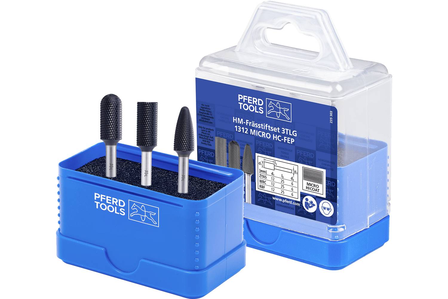 Blue PFERD TOOLS case holding three metal rotary burrs, shown with clear plastic packaging behind it.