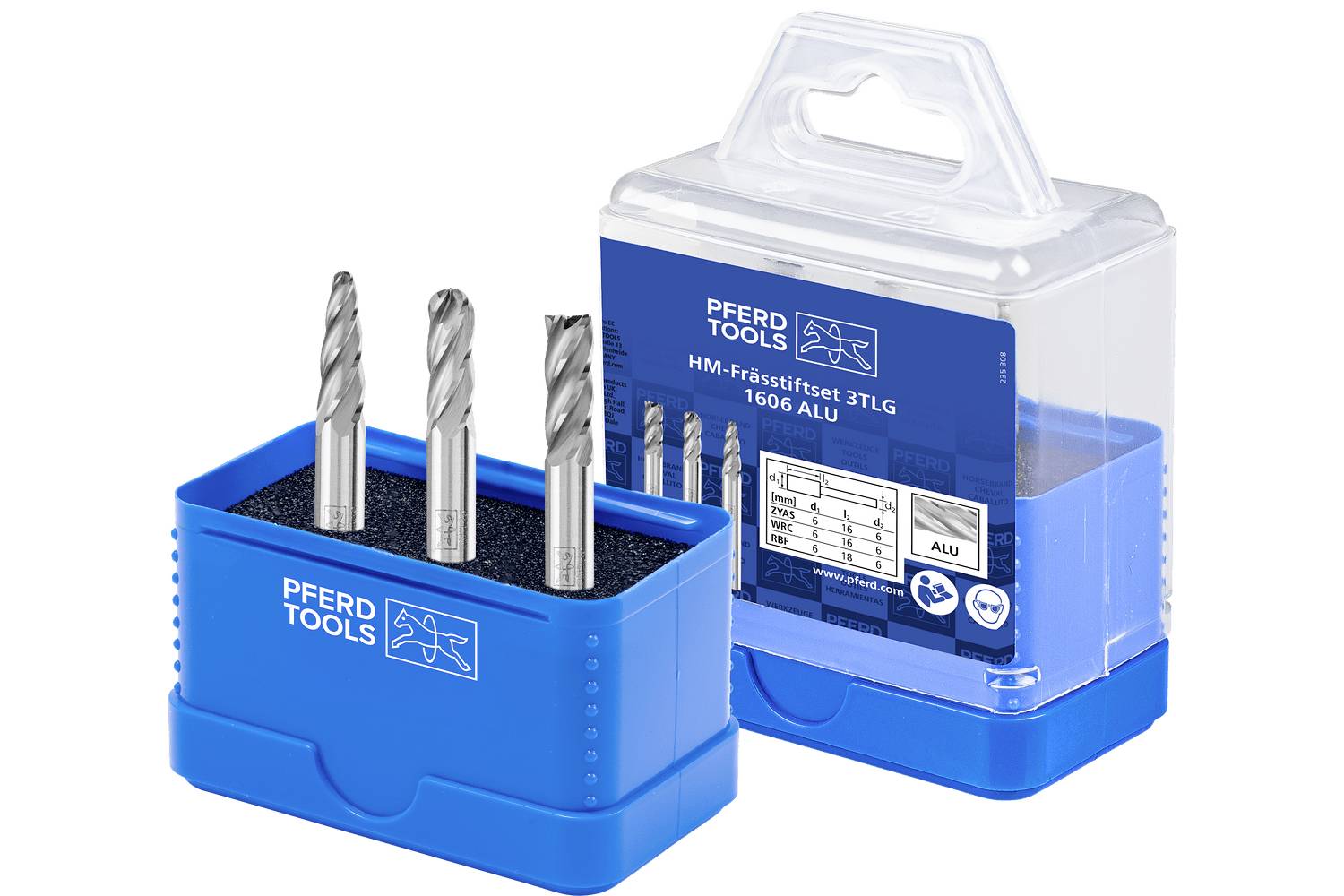Blue PFERD TOOLS drill bit set in a clear plastic case, with three metal bits standing in a blue holder and product label visible.