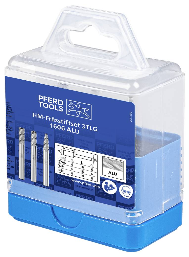 Plastic storage case of PFERD TOOLS HM-Fraässtift set 3TLG 1606 ALU, with three cutting bits visible inside