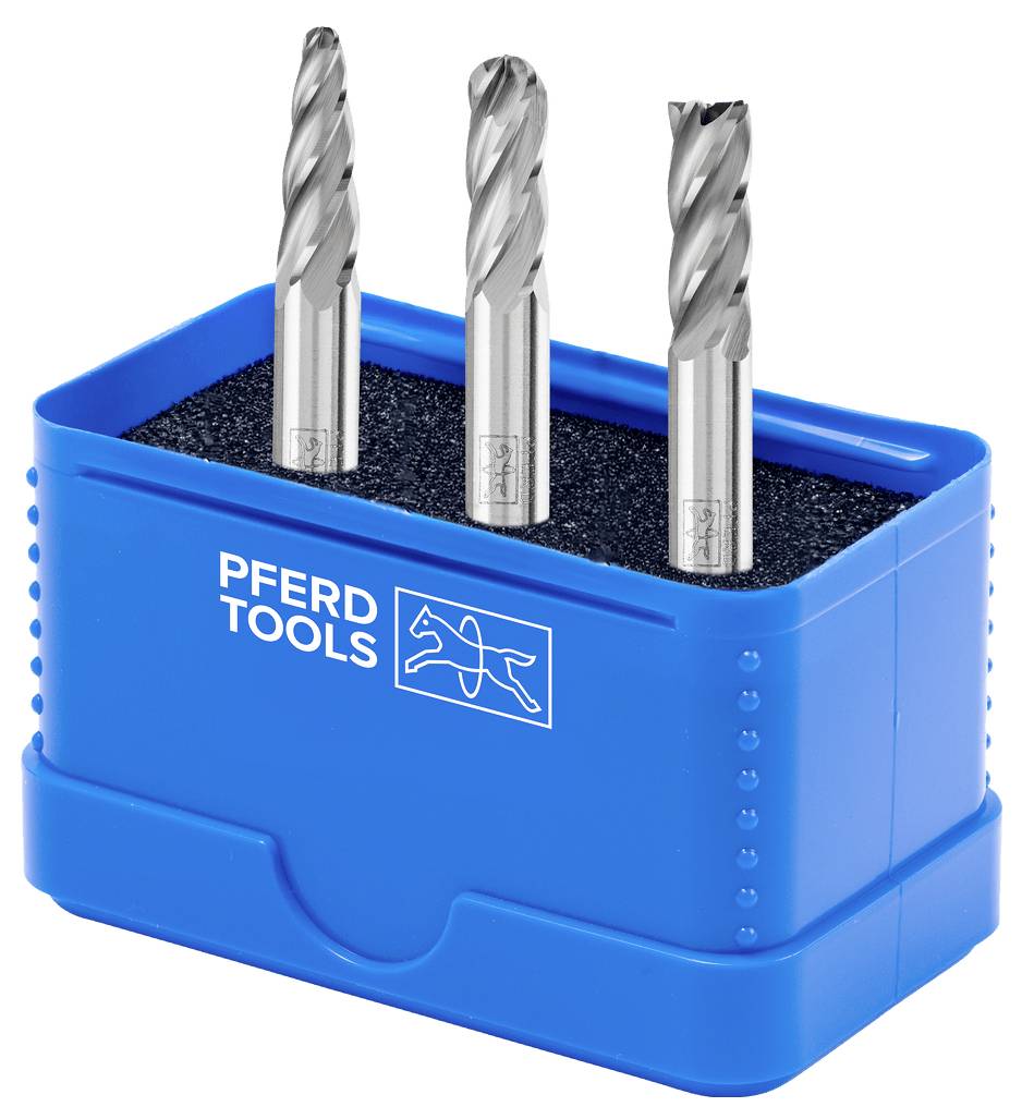 Blue PFRED TOOLS holder with three silver drill bits standing in a foam insert.