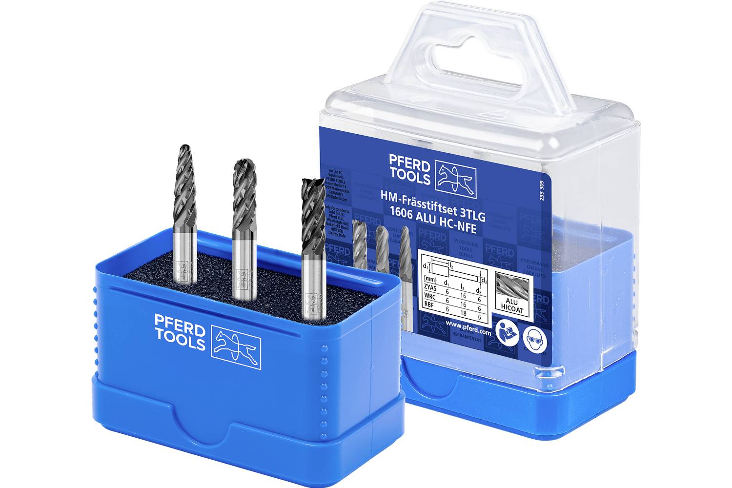 Blue PFERD TOOLS drill bit set in a plastic storage case, with three cutting bits standing in a blue holder and a clear-lidded package behind it.