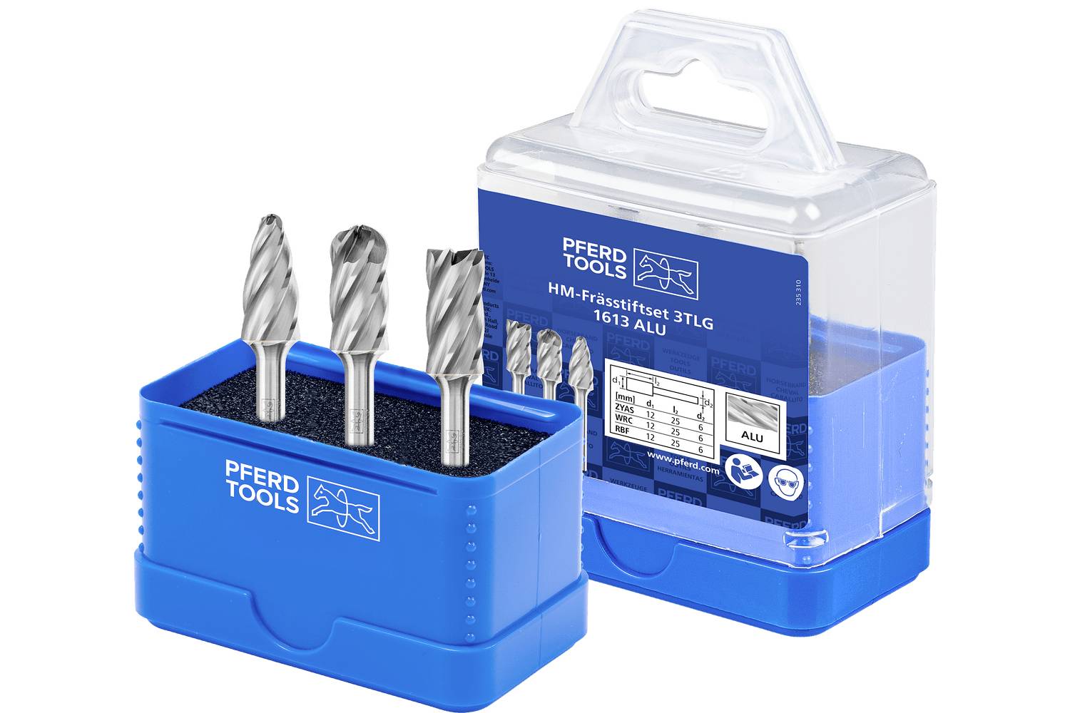 Blue PFRED Tools plastic case holding five metal milling bits, shown with a clear-lidded package labeled HM-Frässtiftset 1613 ALU.